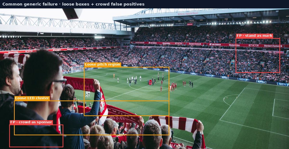 Generic loose false-positive style boxes labelled as a failure mode, not Sponsorlytix output